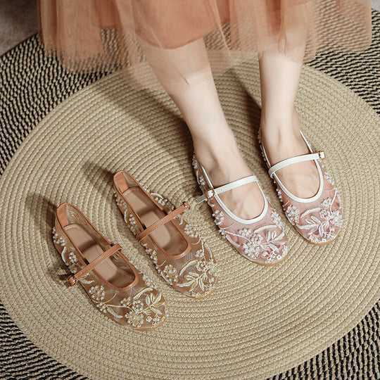 Damen Ballerinas mit floralem Stickereibesatz