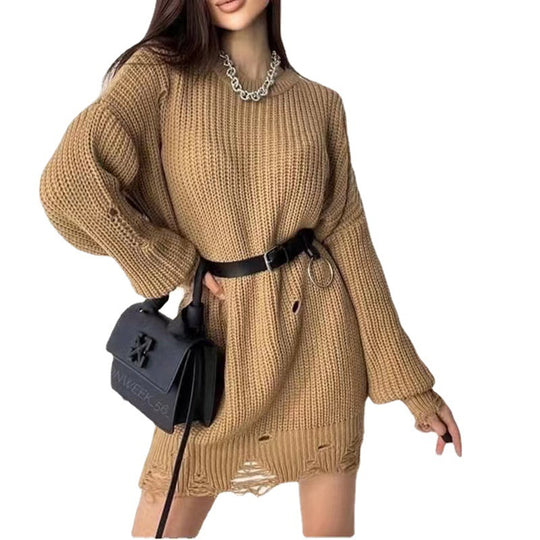 Damen Oversize Grobstrick-Minikleid mit Destroy-Effekt und Rundhalsausschnitt Shop Nory