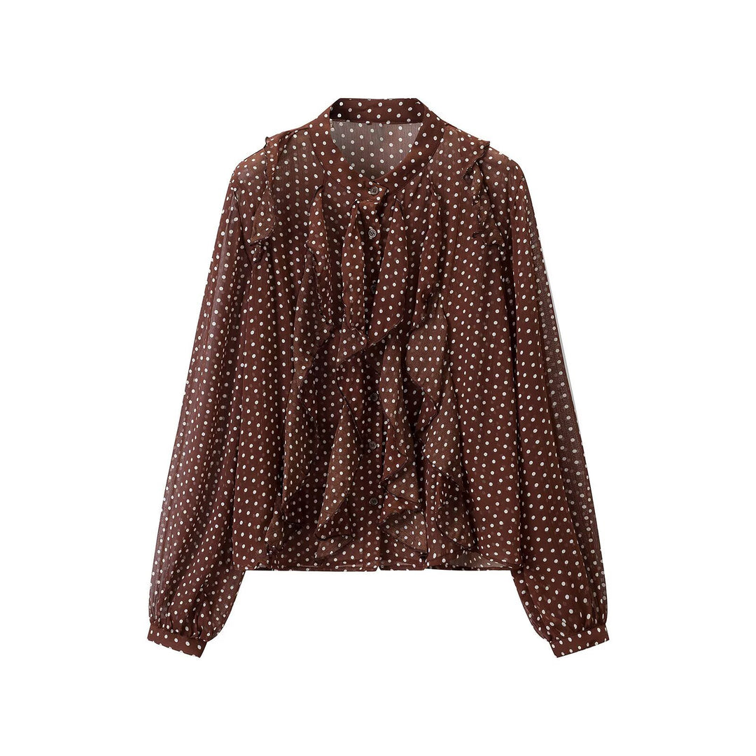 Damen Semitransparente Chiffonbluse mit Polka-Dots, Volants und Schleifenkragen Shop Nory