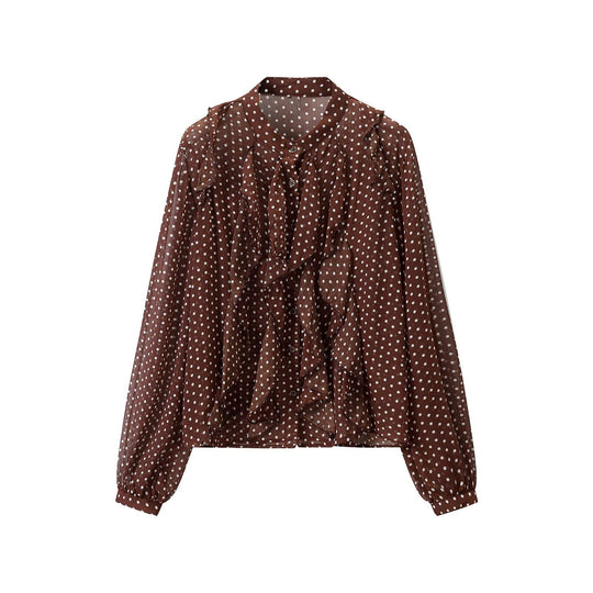 Damen Semitransparente Chiffonbluse mit Polka-Dots, Volants und Schleifenkragen Shop Nory