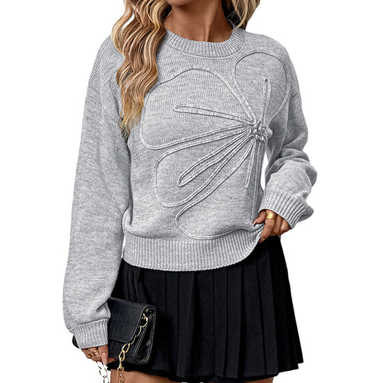 Damen Pullover mit 3D‑Blütenapplikation und Rundhalsausschnitt Shop Nory
