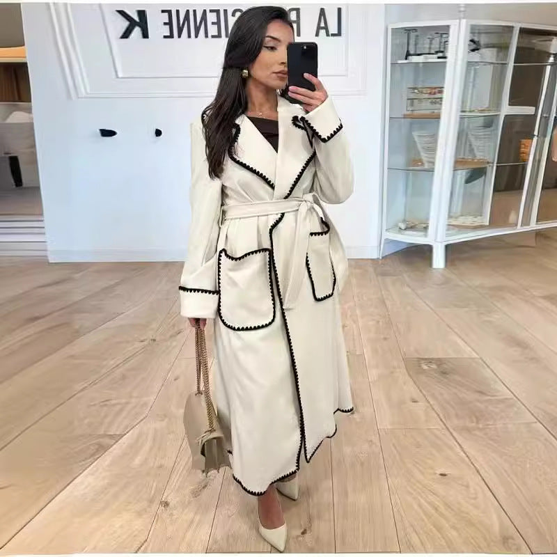 Damen Wickel-Mantel aus Wollmix mit Zackenbesatz und Bindegürtel Shop Nory