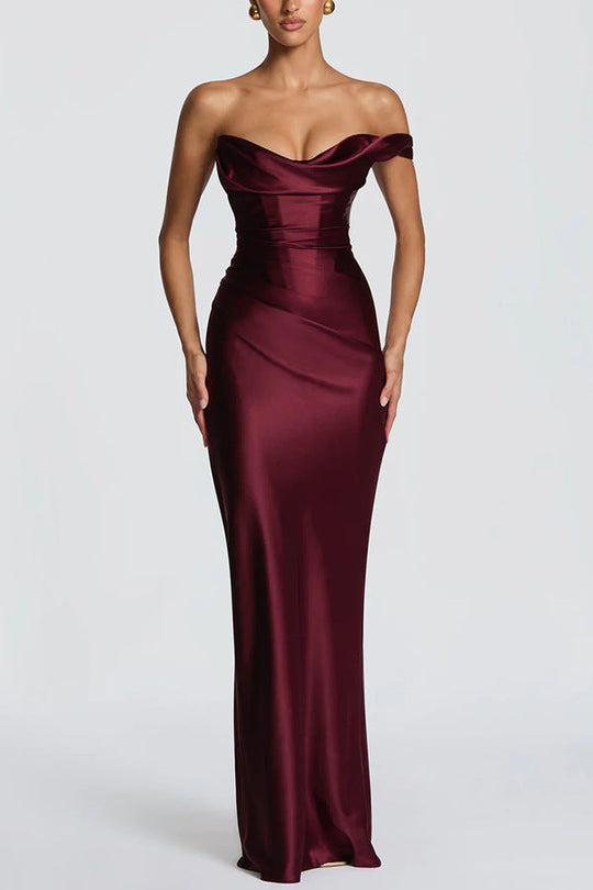 Damen Elegantes Maxikleid mit asymmetrischem Oberteil und fließendem Satin Shopnory