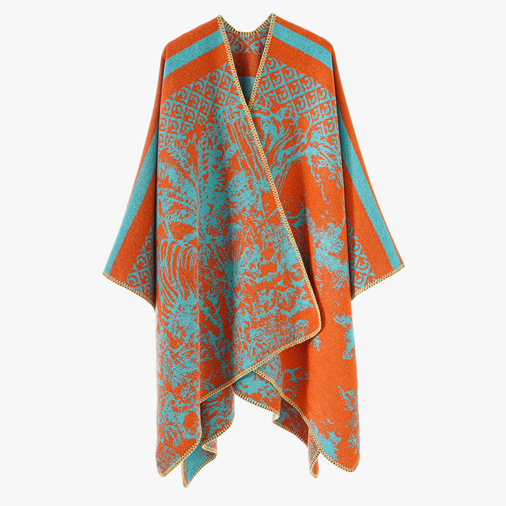Damen Jacquard-Strickcape mit Stehkragen und grafischem Waldmotiv Shop Nory
