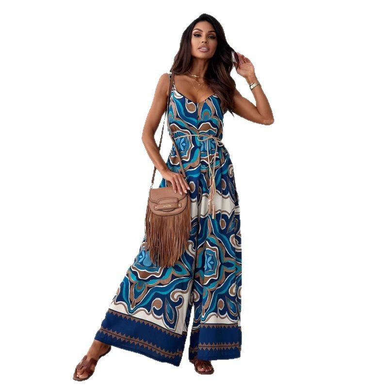 Damen Jumpsuit mit floralem Design und weit geschnittene Beinen