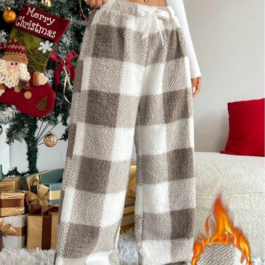Damen nan kuschelige karierte Fleece-Hose mit Tunnelzugbund und weitem Bein Shop Nory