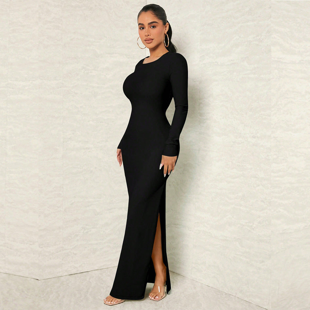 Damen figurnahes Maxikleid mit Rundhalsausschnitt, langem Arm und sculptender Taillenform Shop Nory