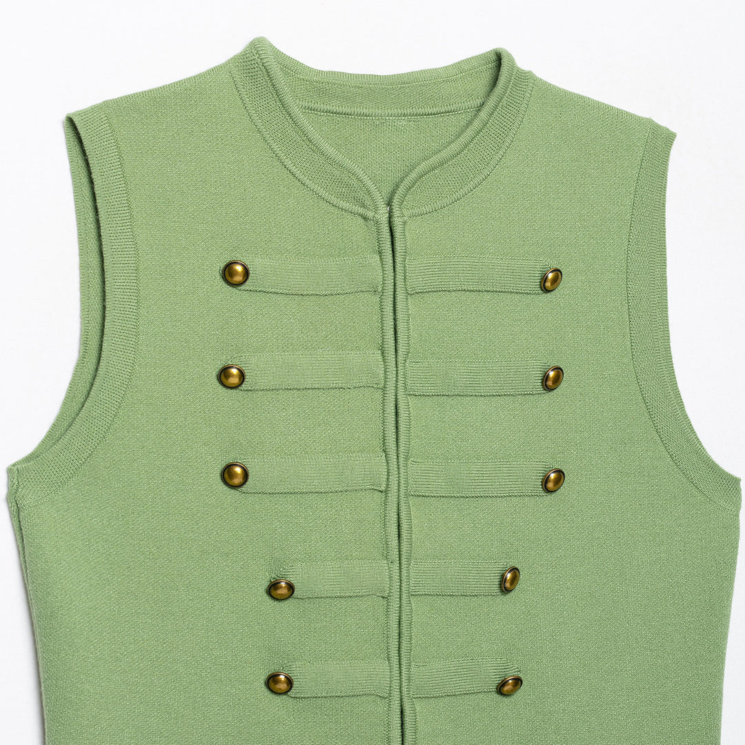 Damen Ärmellose Strickweste im Militärstil mit dekorativen Metallknöpfen und aufgesetzten Taschen Shop Nory