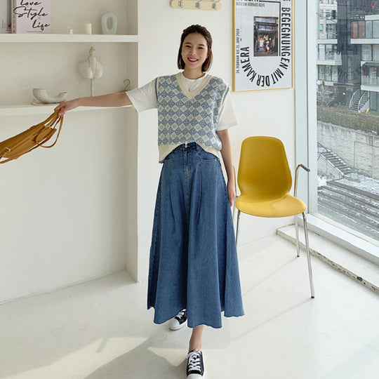 Damen Langer Jeans-Culotte-Rock mit hoher Taille, kastiger A-Linien-Silhouette und Eingrifftaschen Shop Nory