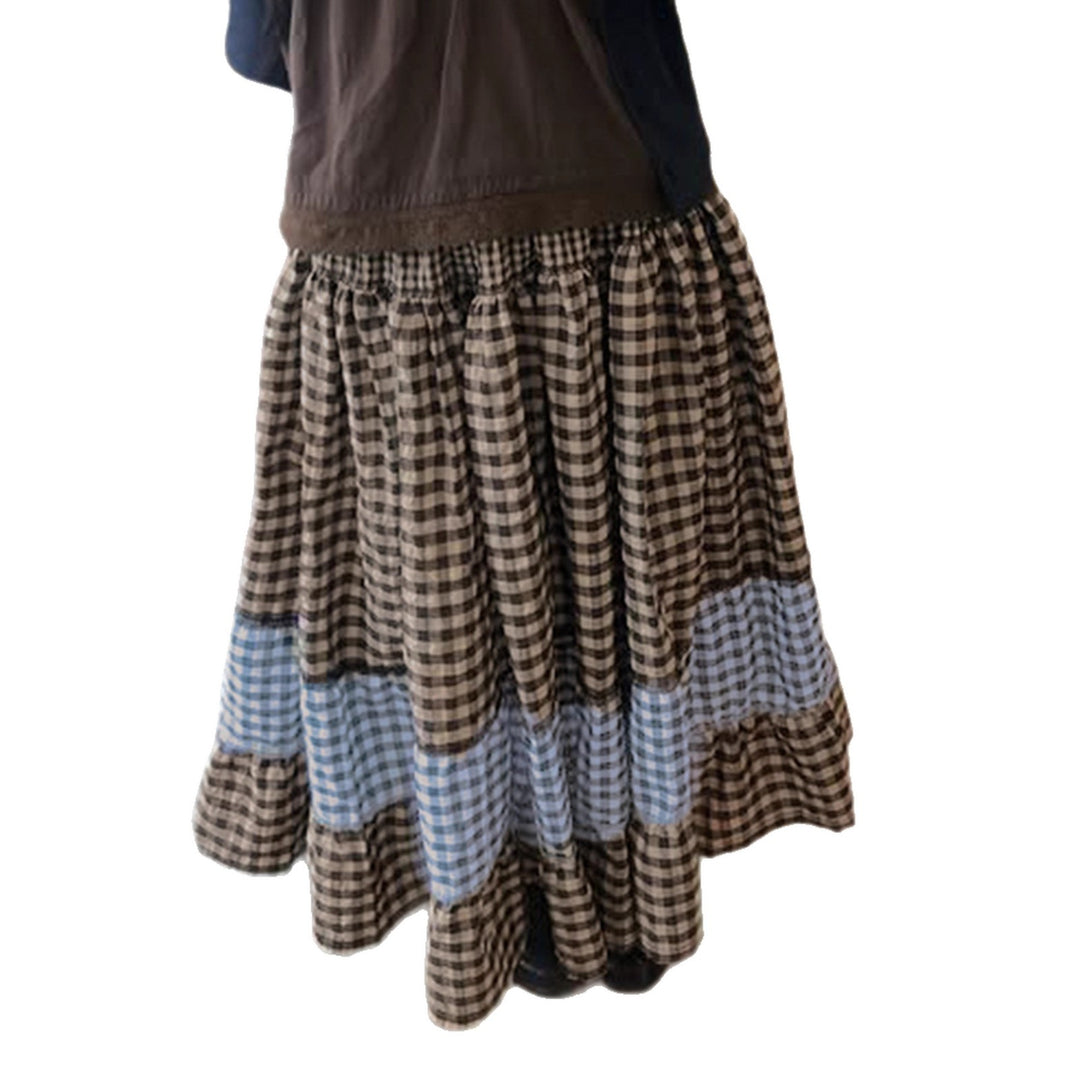 Damen nan mehrlagiger Baumwoll-Stufenrock mit elastischem Taillenbund, kontrastierendem Gingham-Band und Volant Shop Nory