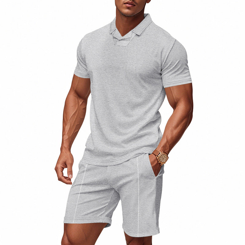 Herren nan lässiges Waffelstruktur-Freizeitset mit Reverskragen-Kurzarmshirt und elastischen Freizeitshorts