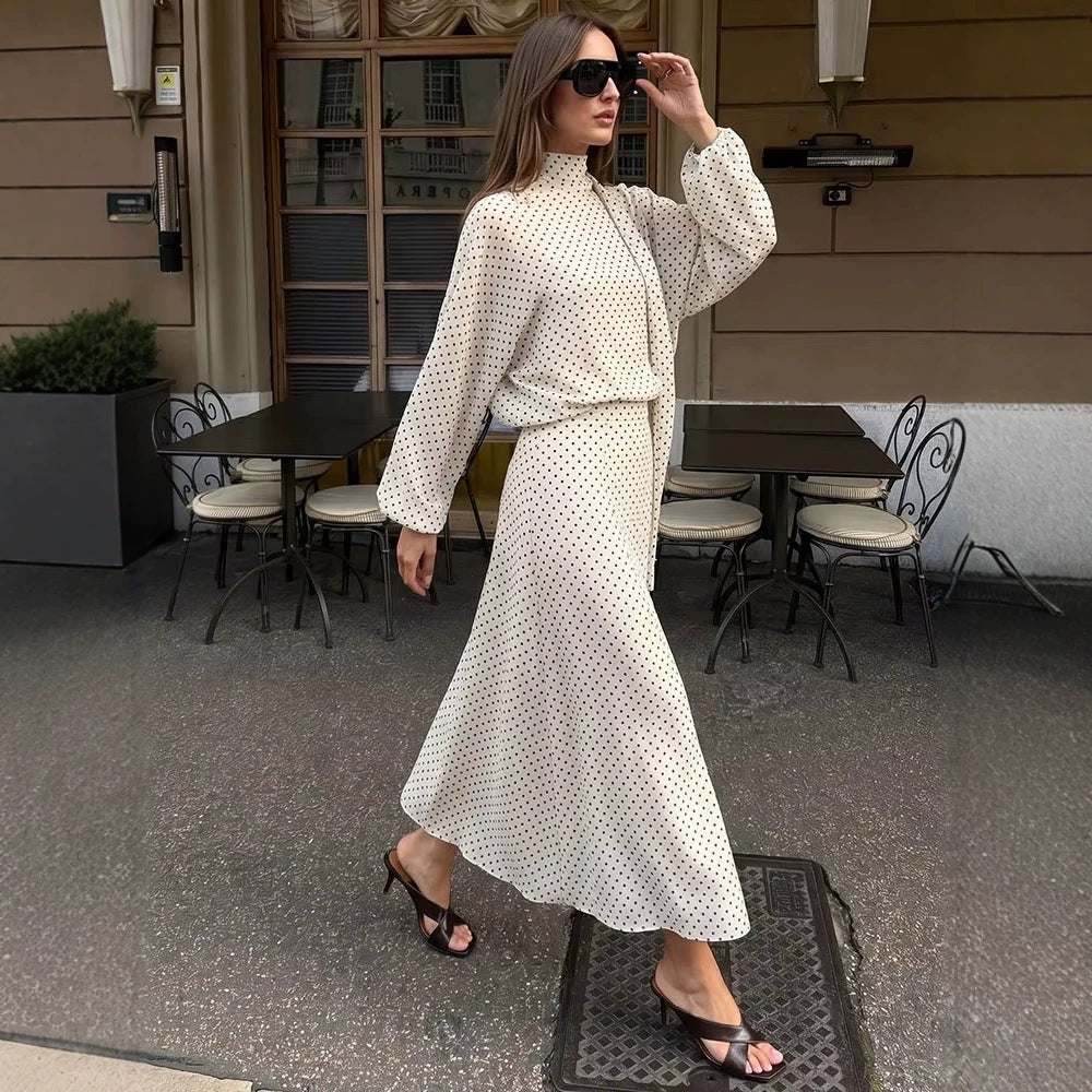 Damen Zweiteiliges Set aus leichtem Chiffon mit weitem Midirock und Ballonärmel-Bluse mit Schleifenkragen Shop Nory