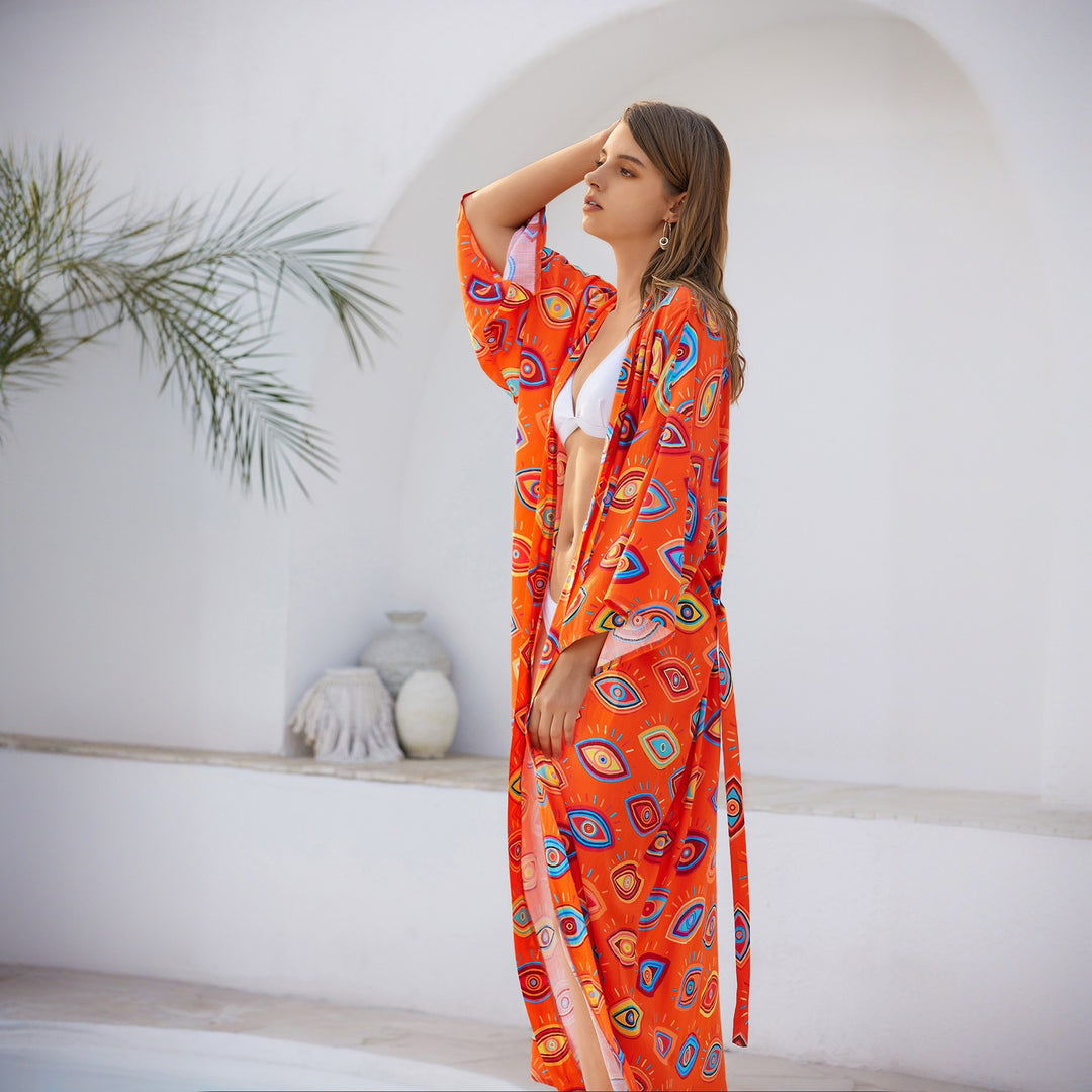 Damen Langer Kaftan‑Kimono mit Taillengürtel, V‑Ausschnitt & grafischem Augenprint Shop Nory