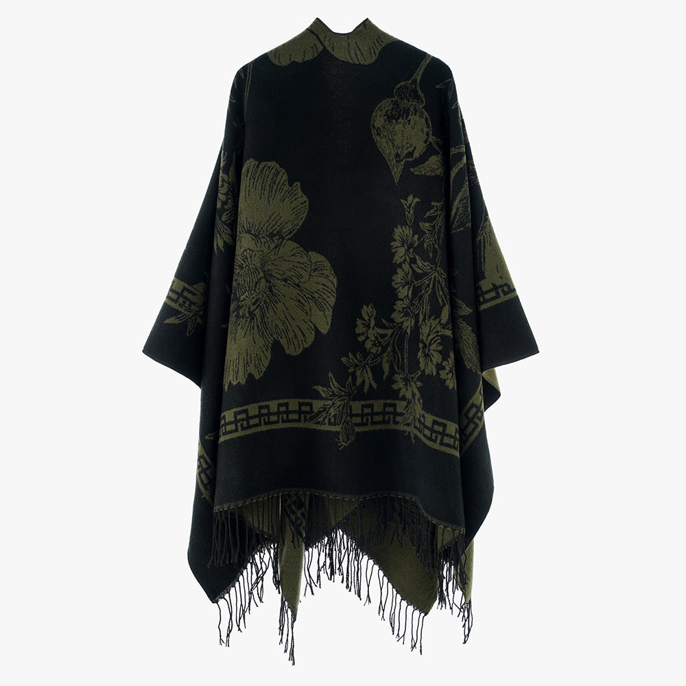 Damen Leichter Jacquard‑Poncho mit floralem Allovermuster, asymmetrischem Zipfelsaum und Fransen Shop Nory