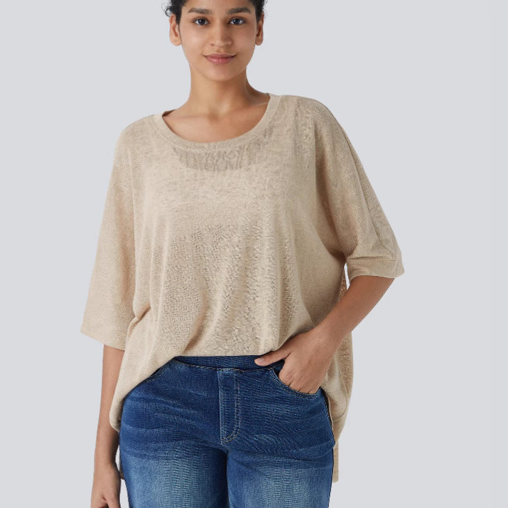 Damen lässiges Oversized T-Shirt mit seitlichen Schlitzen und umgeschlagenen Ärmeln