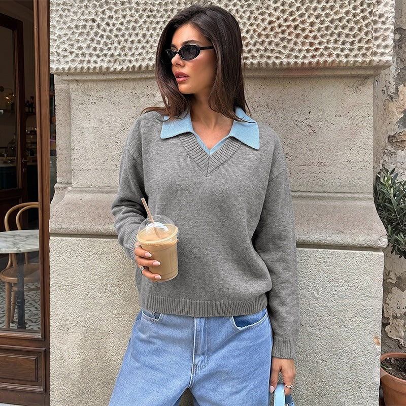 Damen Eleganter V-Ausschnitt Pullover mit Hemdkragen Shop Nory