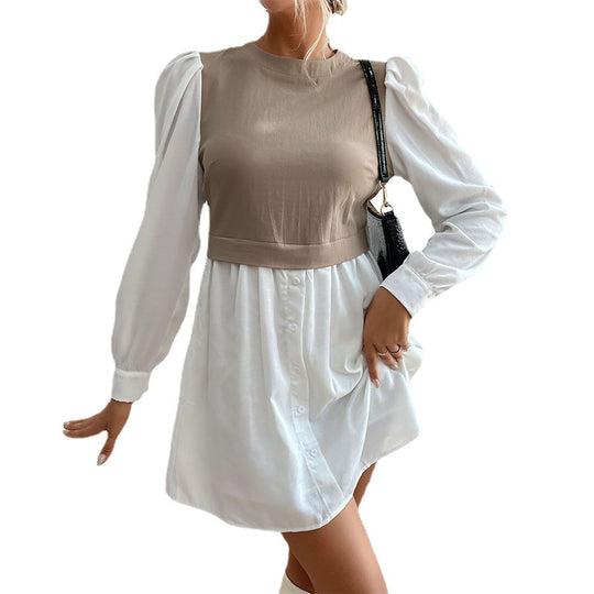 Damen Hemdblusenkleid mit eingesetzter kurzgeschnittener Weste, Puffärmeln und taillierter Silhouette Shop Nory