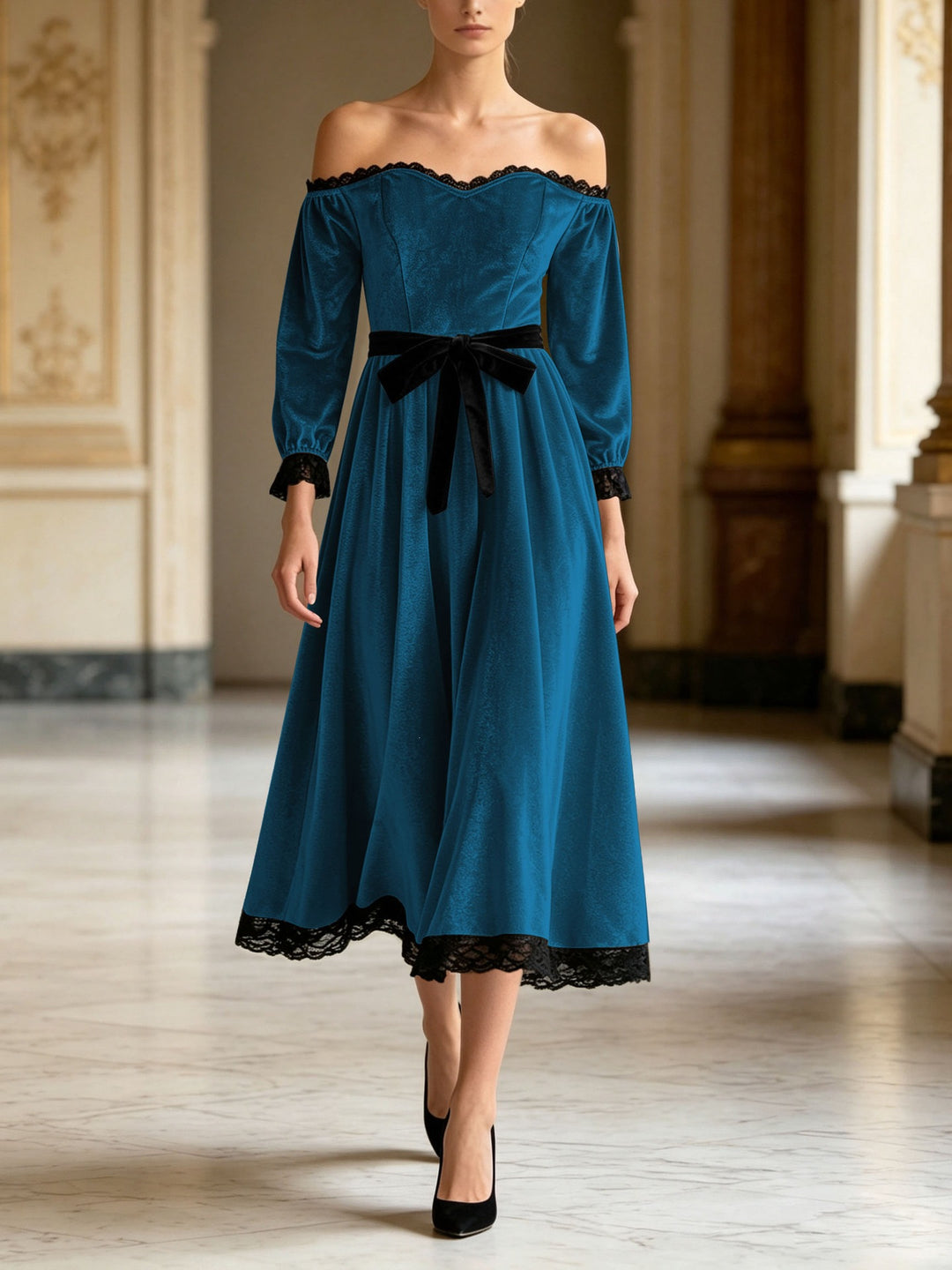 Damen Schulterfreies Samtkleid mit Spitzenbesatz, Samt-Taillengürtel und ausgestelltem Midirock Shop Nory