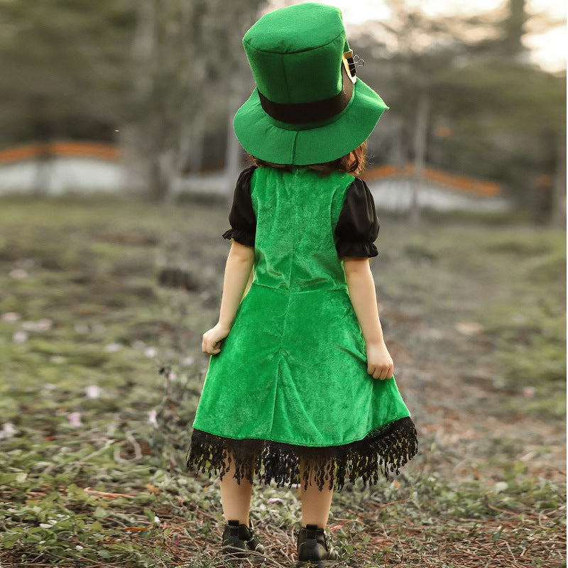 Mädchen Kostüm als irische Leprechaun mit voluminösem Rock und hohem Hut Shop Nory
