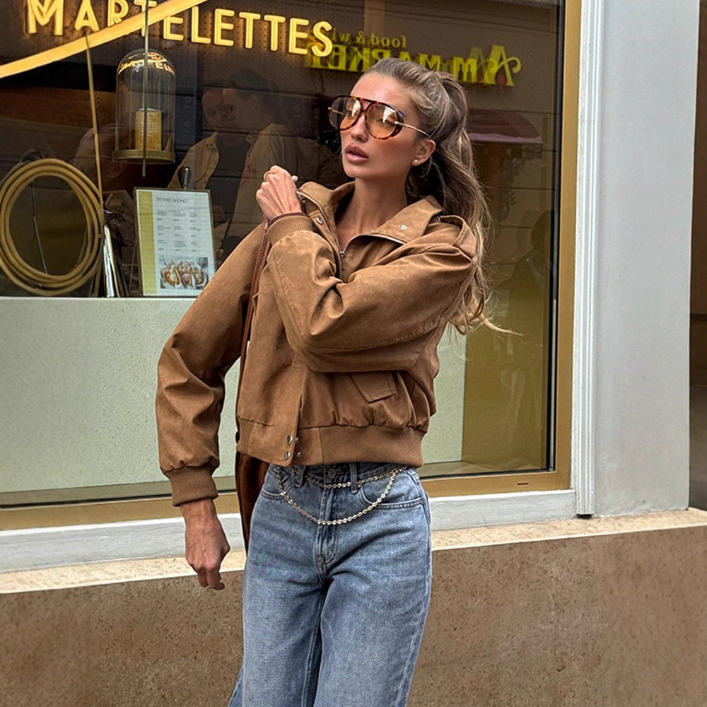 Damen Kurz geschnittene Bomberjacke aus Velourslederoptik mit Rippbündchen Shop Nory