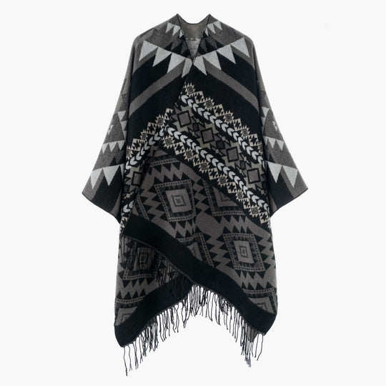 Damen Oversize Jacquard‑Cape im Ethno‑Jacquard mit Fransen Shop Nory
