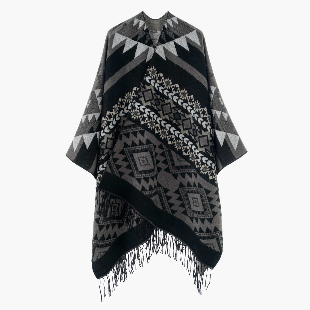 Damen Oversize Jacquard‑Überwurf im Ethno‑Muster mit Fransen Shop Nory