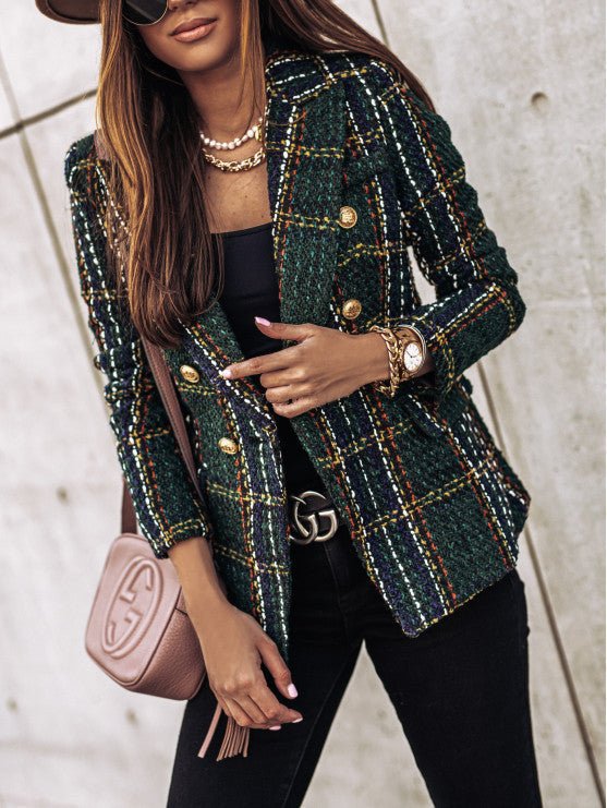 Damen Bouclé-Tweed-Blazer mit Karomuster und doppelreihiger Knopfleiste Shop Nory