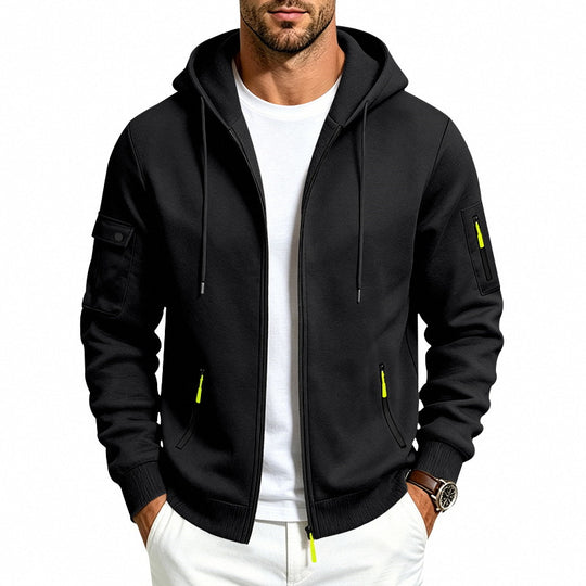 Herren Kapuzen-Reißverschlussjacke mit Ärmeltaschen, Kontrast-Zipper und Rippbündchen Shop Nory