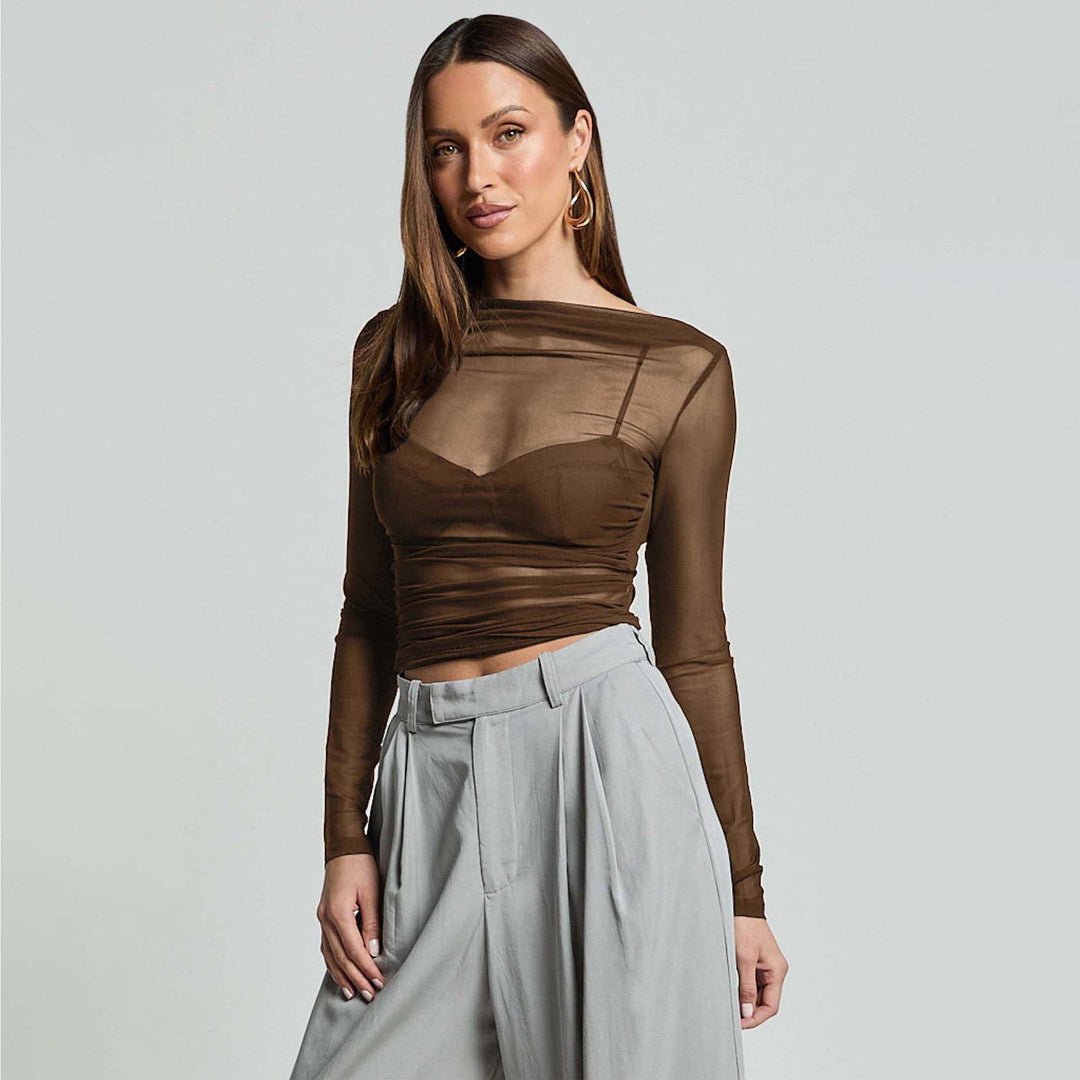 Damen Elegantes Langarmoberteil mit transparentem Mesh und Raffung