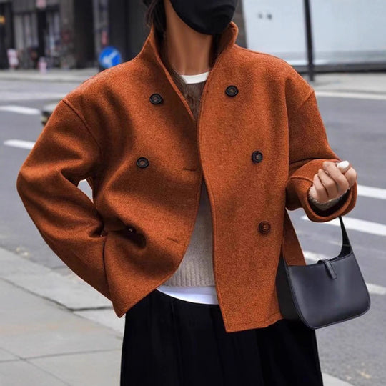 Damen Kurz geschnittener Oversize-Wollmantel mit doppelreihiger Knopfleiste und Stehkragen Shop Nory
