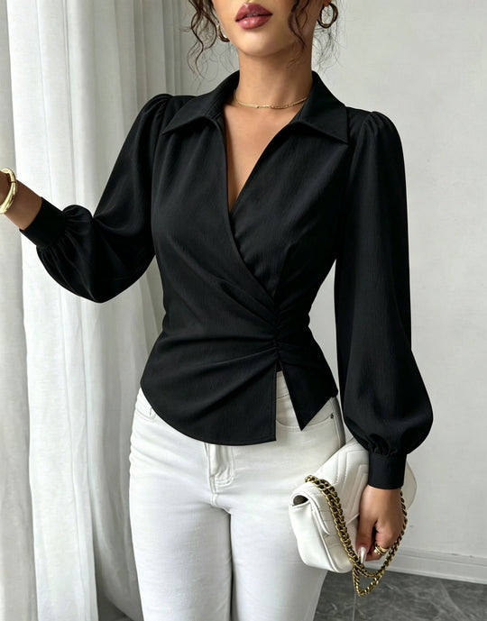 Damen Wickelbluse mit Taillenraffung, Hemdkragen und Ballonärmeln Shop Nory