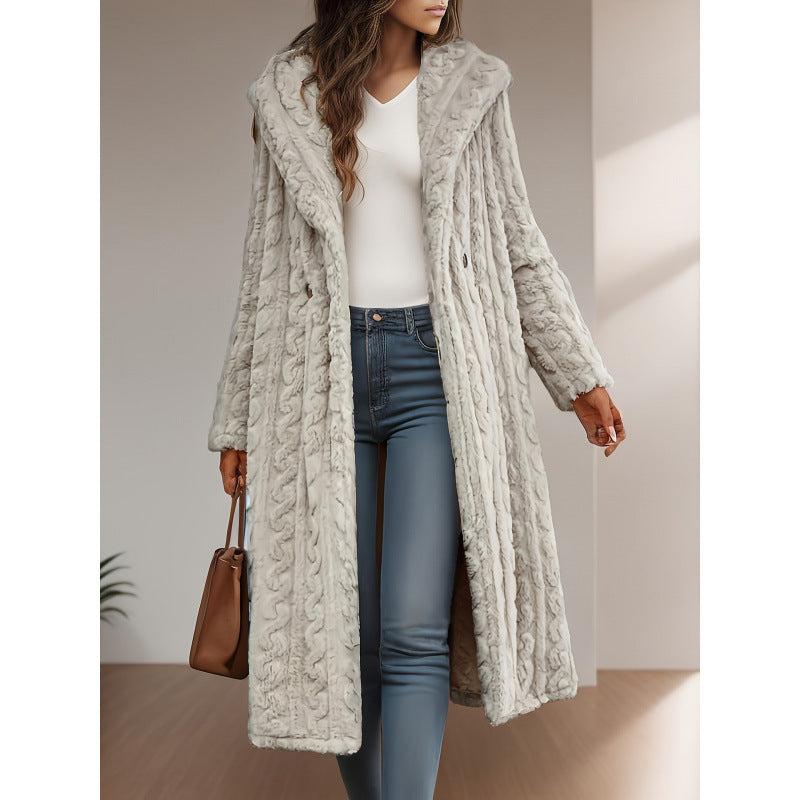 Damen Langer Kapuzen-Teddy-Mantel mit Zopfstrick-Optik Shop Nory