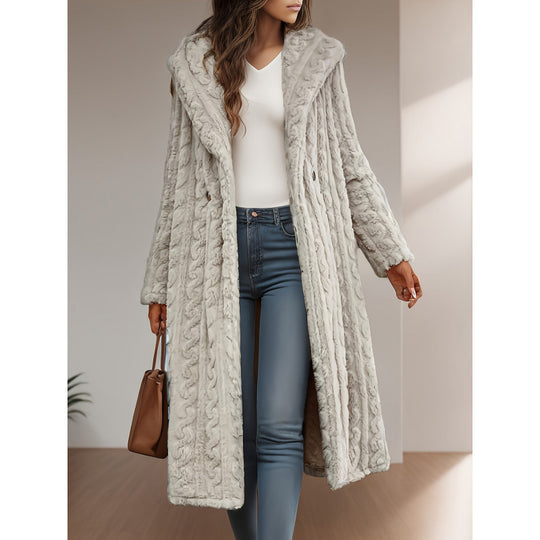 Damen Langer Kapuzen-Teddy-Mantel mit Zopfstrick-Optik Shop Nory