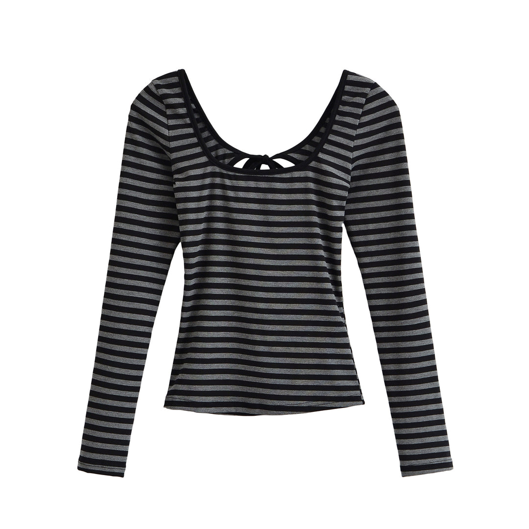Damen Gestreiftes Langarmshirt mit tiefem Rundhalsausschnitt und Zierschleife Shop Nory