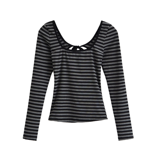 Damen Gestreiftes Langarmshirt mit tiefem Rundhalsausschnitt und Zierschleife Shop Nory