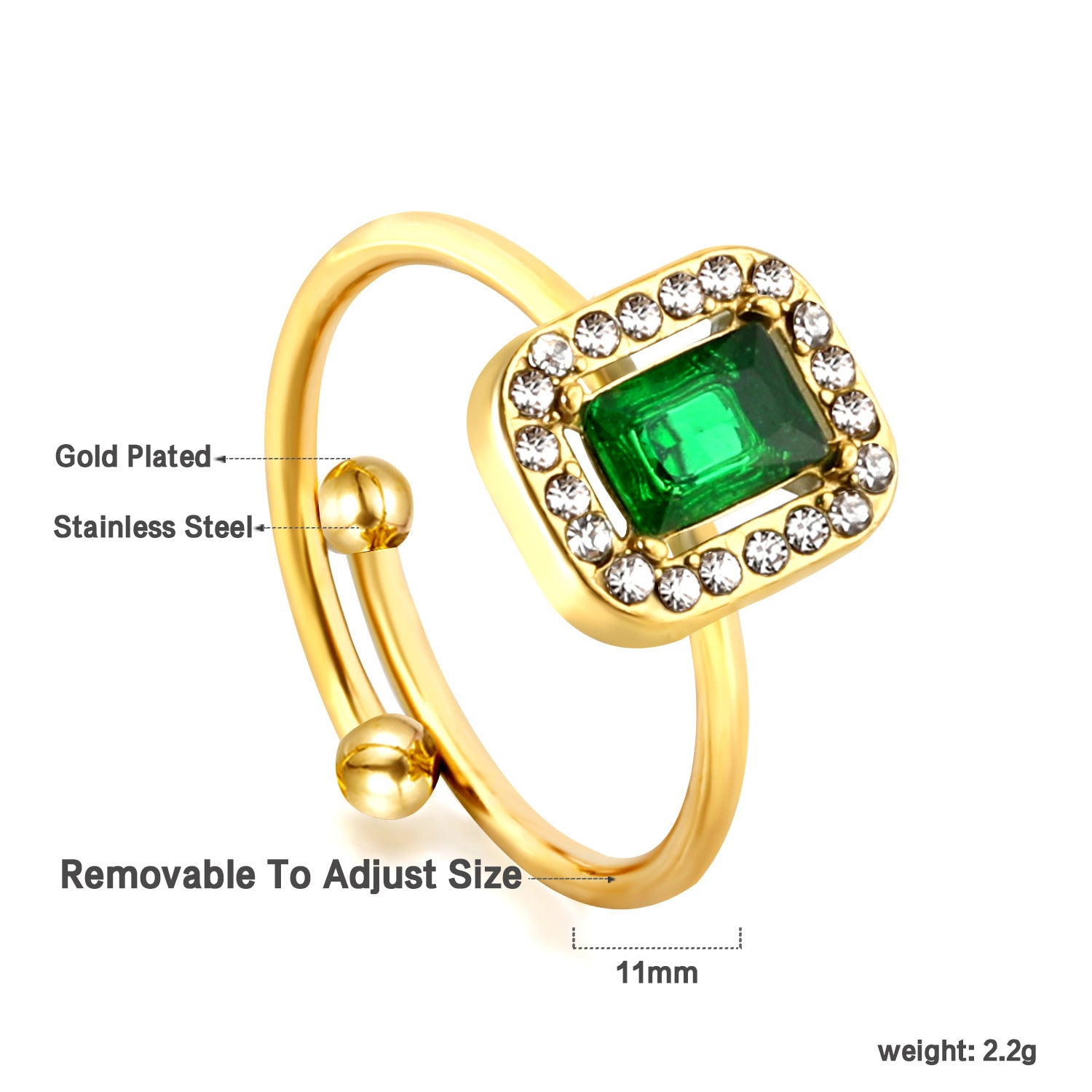 Damen Verstellbarer Ring mit funkelndem smaragdgrünem Anhänger und goldplattierter Edelstahlverarbeitung Shop Nory
