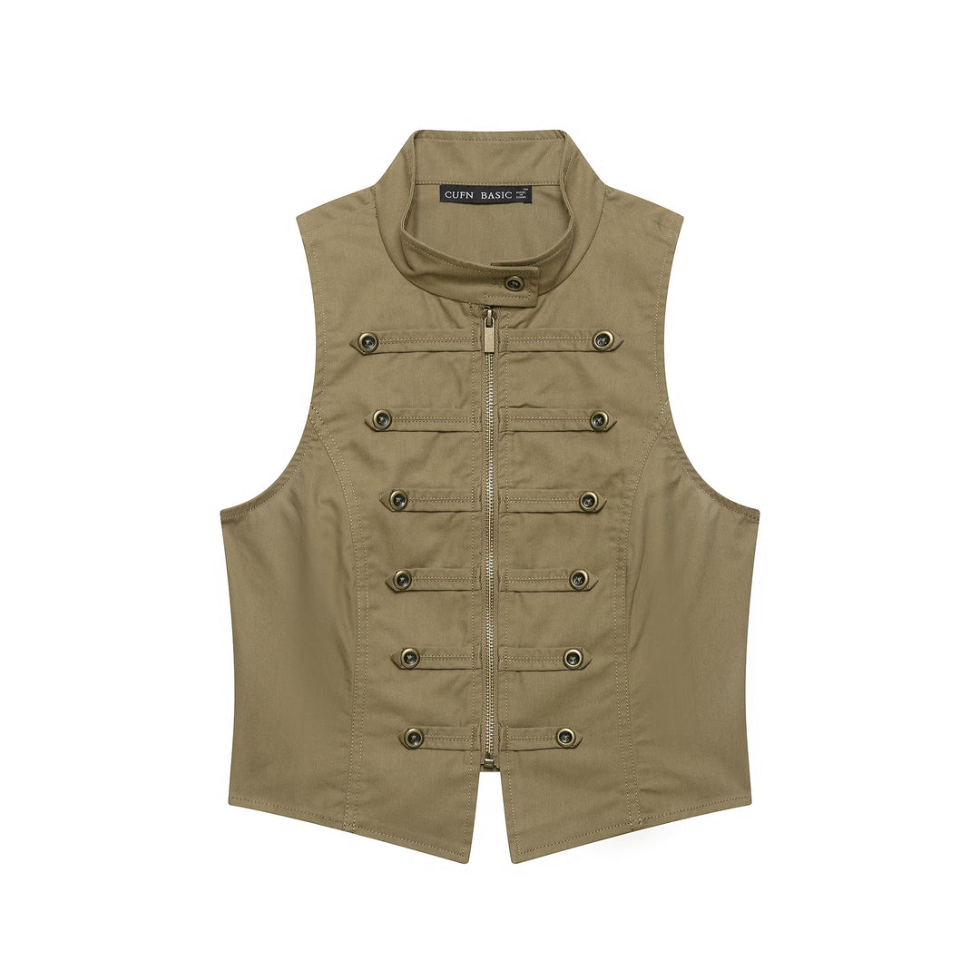 Damen Taillierte Canvas-Weste mit Frontreißverschluss und dekorativen Zierknopfleisten Shop Nory
