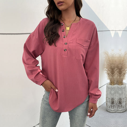 Damen Texturiertes Henley-Blusenshirt mit Knopfleiste und Brusttasche Shop Nory