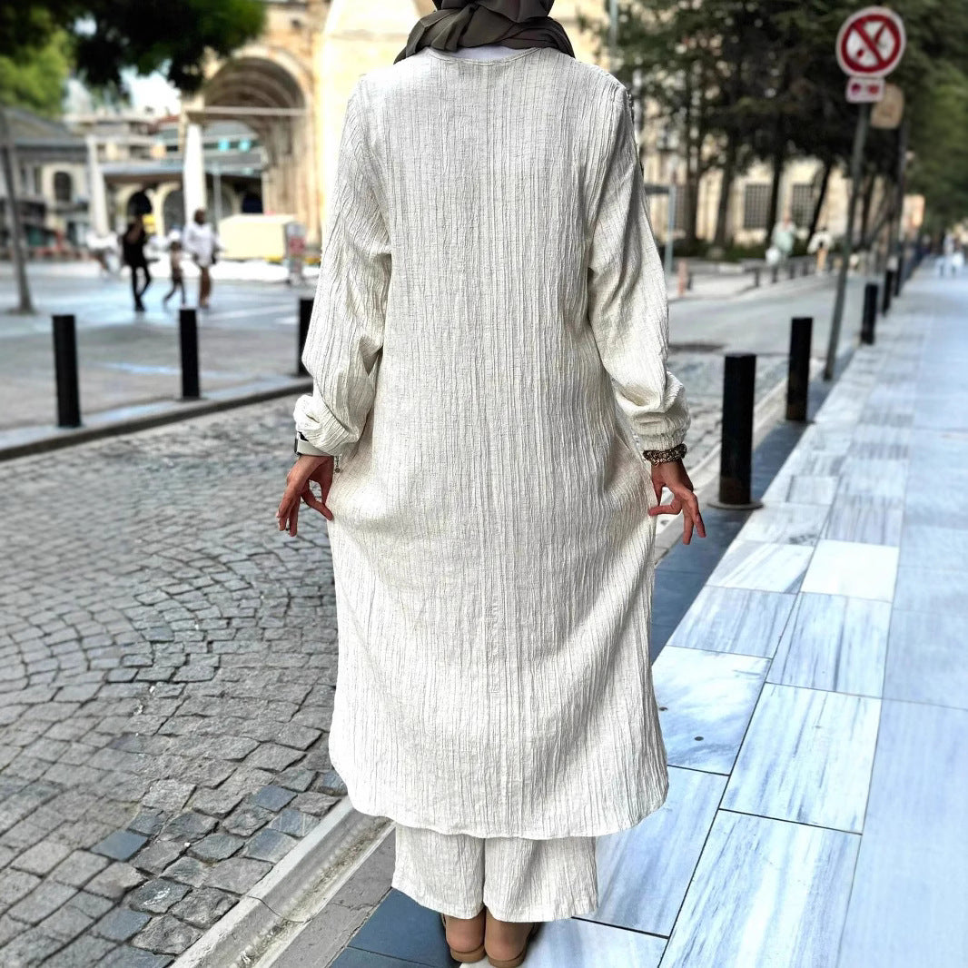 Damen Langes Crinkle-Kaftankleid mit Ballonärmeln und Stehkragenoptik Shop Nory