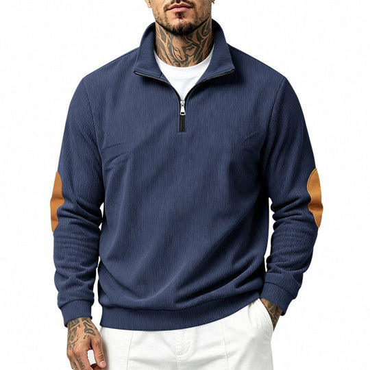 Herren Feinstrick-Halbzip-Pullover mit Cordstruktur und Kontrast-Ellbogenpatch Shop Nory