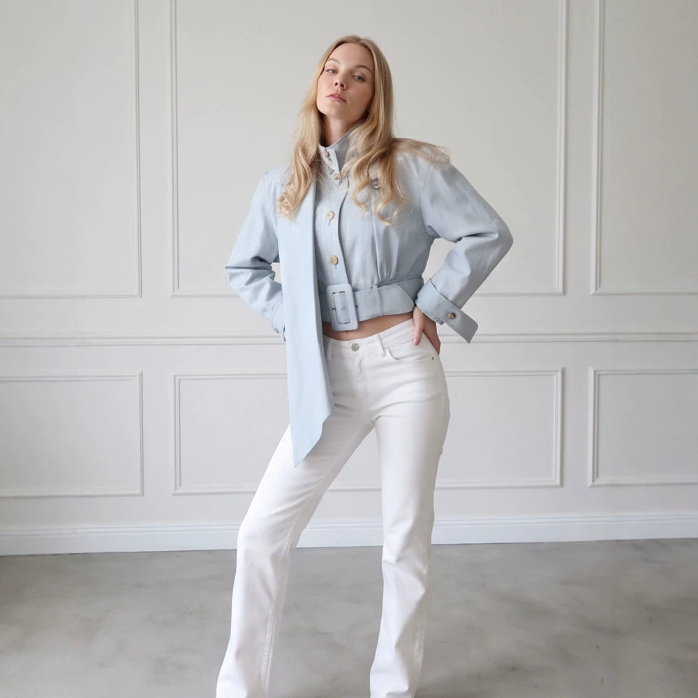 Damen Taillierte Cropped-Jacke mit überlanger Schluppe & breitem Taillengürtel Shop Nory