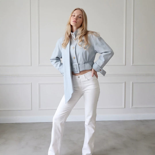 Damen Taillierte Cropped-Jacke mit überlanger Schluppe & breitem Taillengürtel Shop Nory