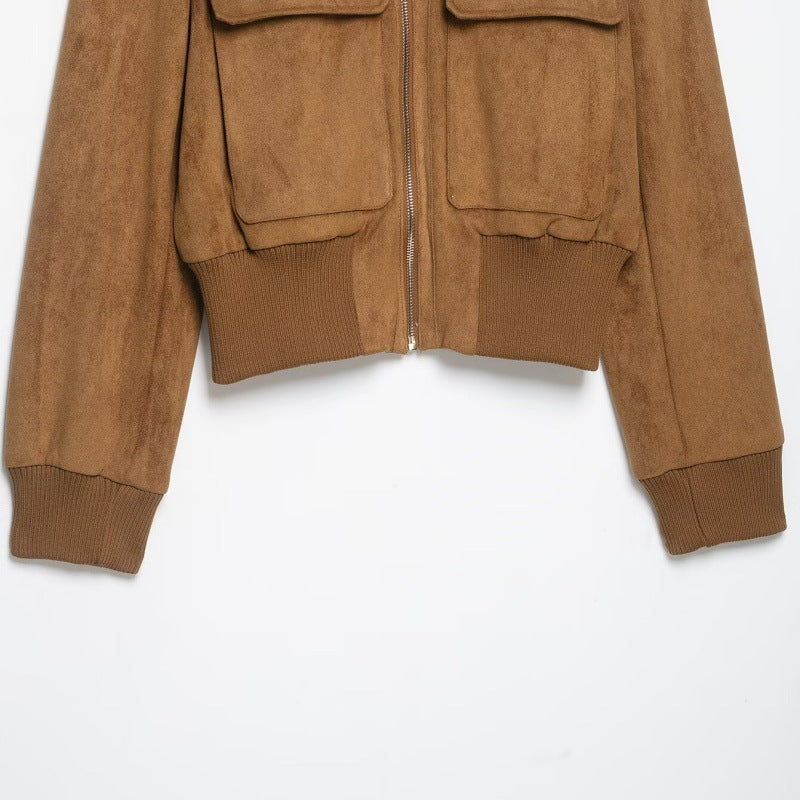 Damen Kurze Wildlederoptik-Bomberjacke mit Stehkragen, Klappentaschen und Rippbündchen Shop Nory