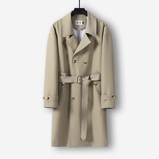 Herren Moderner knielanger Doppelreihiger Trenchcoat mit Taillengürtel Shop Nory