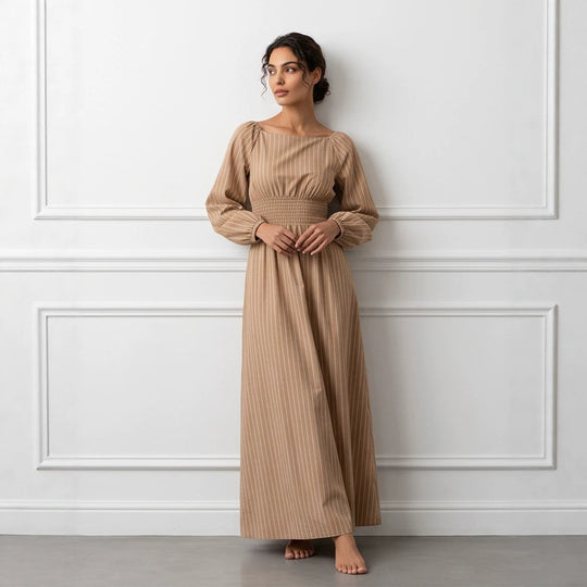 Damen Maxikleid mit Smok-Taillenband, Quadrat-Ausschnitt und langen Ballonärmeln Shop Nory