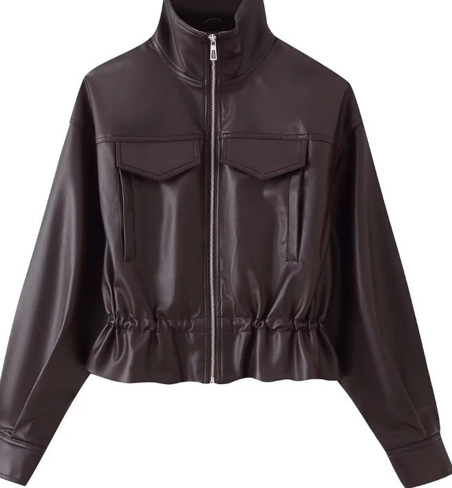 Damen gekürzte Kunstlederjacke mit Stehkragen, Reißverschluss und taillierendem Smok Shop Nory