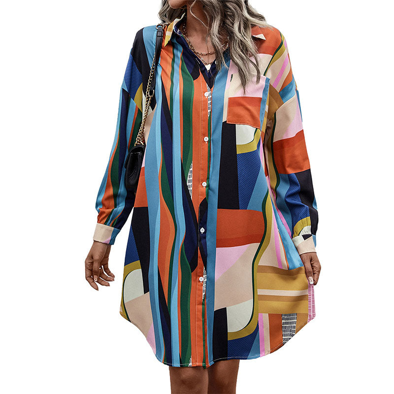 Damen Hemdblusenkleid mit grafischem Blockstreifen, tailliertem Gürtel & durchgehender Knopfleiste Shop Nory