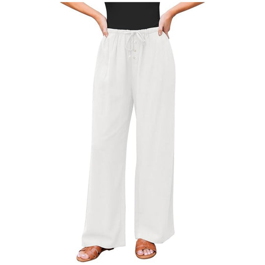 Damen Leinenoptik-Hose mit weitem Bein, Gummizug-Taille, Tunnelzug und Knopfdetail Shop Nory