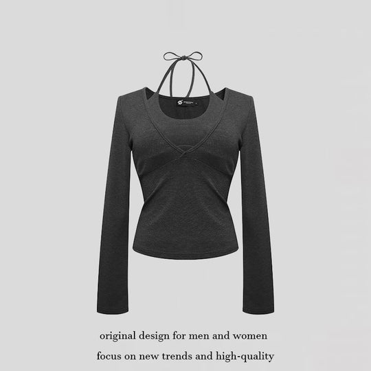 Damen Langarm-Top mit Neckholder, Wickeloptik und figurbetontem Schnitt Shop Nory