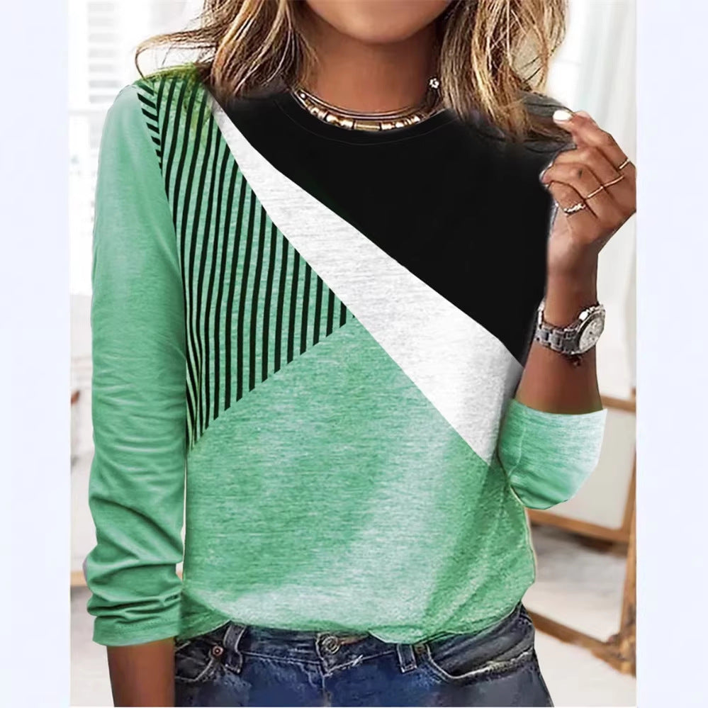 Damen Farbblock Langarmshirt mit schrägem Streifenmuster und Rundhalsausschnitt Shop Nory